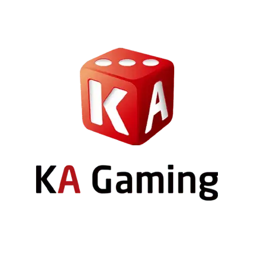 โลโก้ค่ายเกม KA GAMING ออกแบบเป็นรูปลูกเต๋าสีแดงมีตัวอักษร K และ A พร้อมจุดบนลูกเต๋า ด้านล่างมีชื่อค่าย ผู้พัฒนาเกมคาสิโนและเกมบนโต๊ะออนไลน์